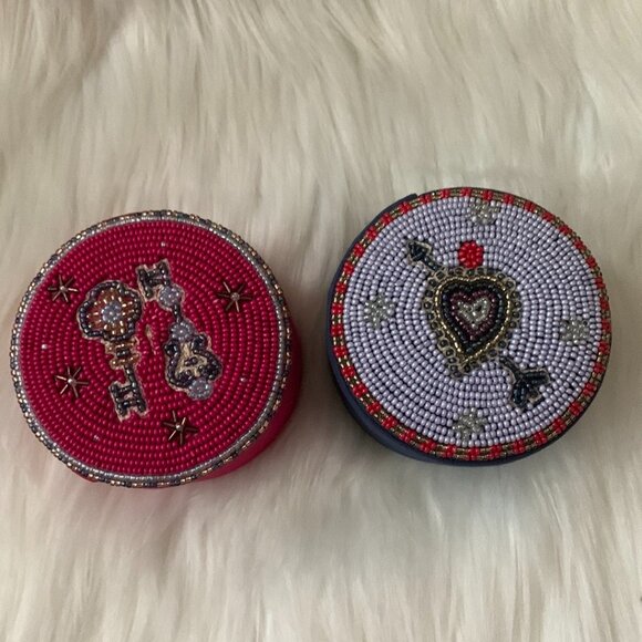 ANTHROPOLOGIE Fortune Beaded Lidded Jewelry Boxes SET in Pink/Navy Jewelry Organizers